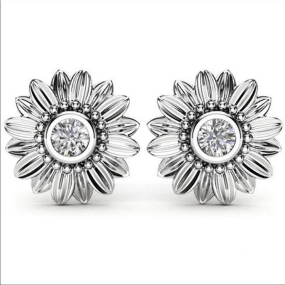 NEW STERLING SILVER DIAMOND SUNFLOWER STUD EARRINGS - Picture 2 of 3